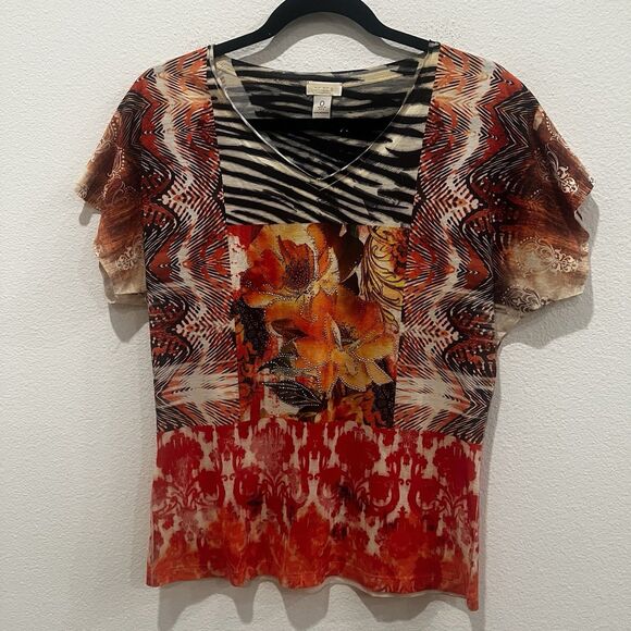 Vtg Chico’s Mixed Media Knit Top Sz S Cap Sleeves Embellished Y2K Floral - Picture 1 of 5